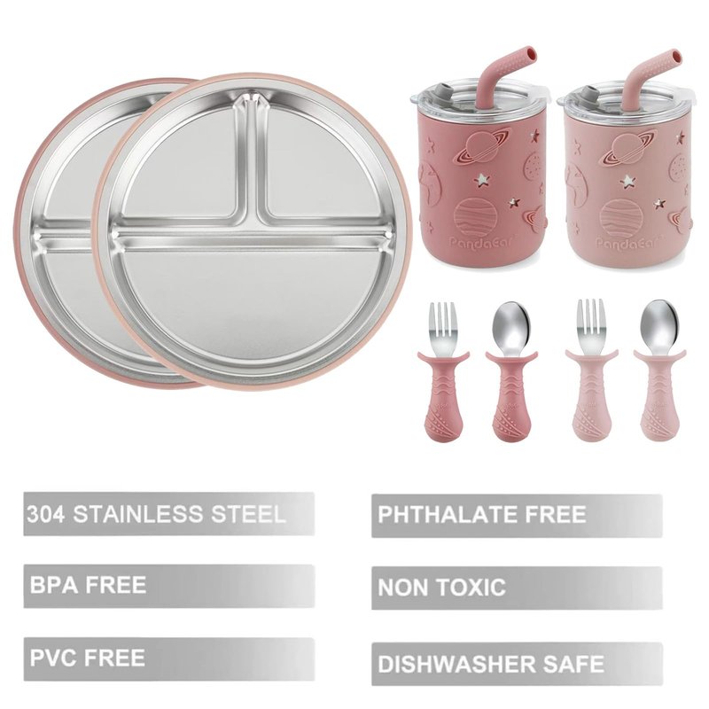 PandaEar Stainless Steel Baby Feeding Set | 2 Divided Suction Plates, 2 Spill-Proof Straw Cups with Silicone Sleeves, 2 Forks & 2 Spoons | Toddler Utensils for Baby Led Weaning, BPA-Free (Pink)