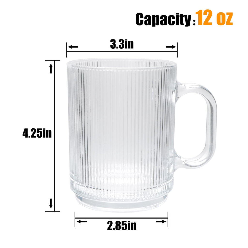 Cadamada 12 oz Glass Coffee Mugs with Handle, Classic Vertical Stripes Glass Coffee Cups, Transparent Tea Cup for Beverages, Latte,Glassware Set for Americano, Cappuccino,Hot Milk,6 Pack