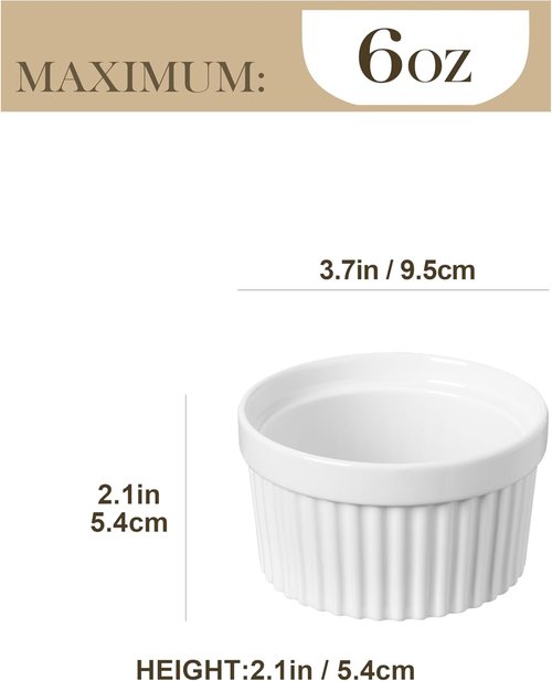 MALACASA Ramekins - 6 Oz Oven Safe Porcelain Baking Cups | Set of 6 White Creme Brulee Dishes