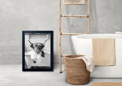 Highland Cow Wall Art | Funny Bathroom Decor - Black and White Canvas Print, Framed Animal Artwork
