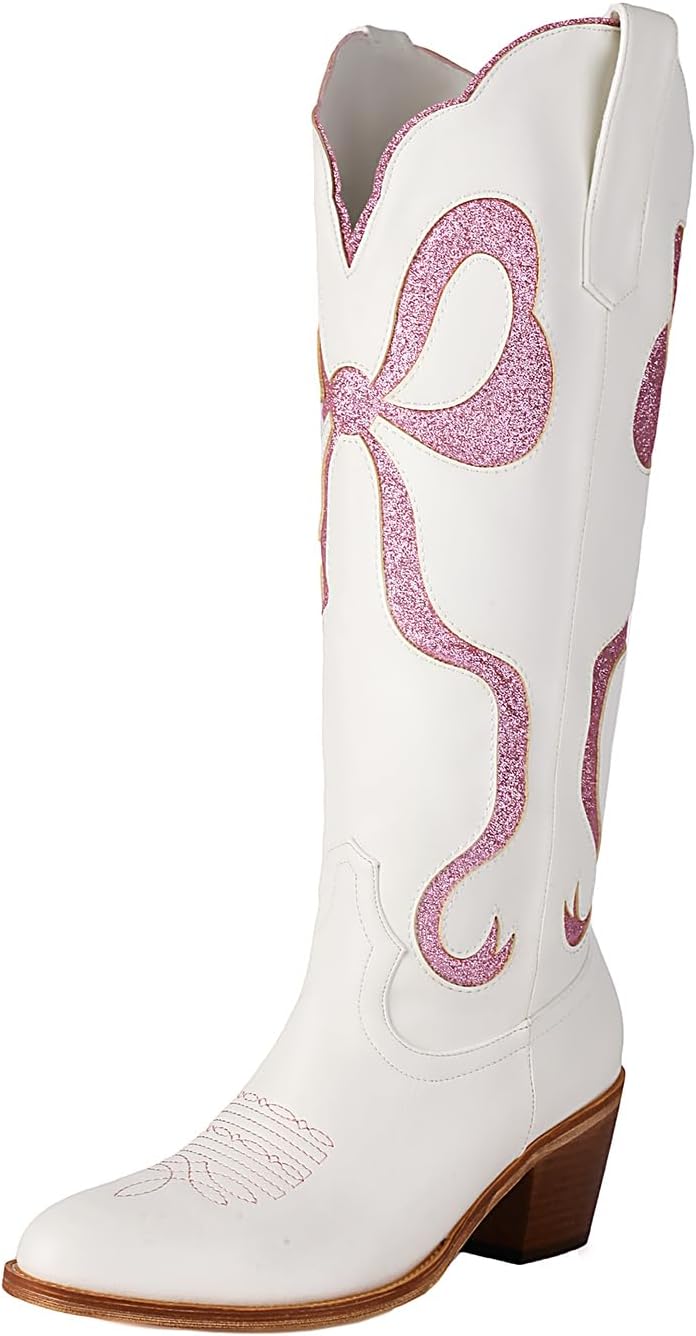 Skiennix Women's White Cowgirl Boots - Knee High, Almond Round Toe, Chunky Heel, Embroidered Design