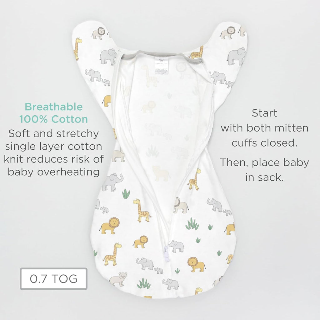 On Safari Amazing Baby Transitional Swaddle Sack - Arms Up Sleeves & Mitten Cuffs, Small 0-3 Months