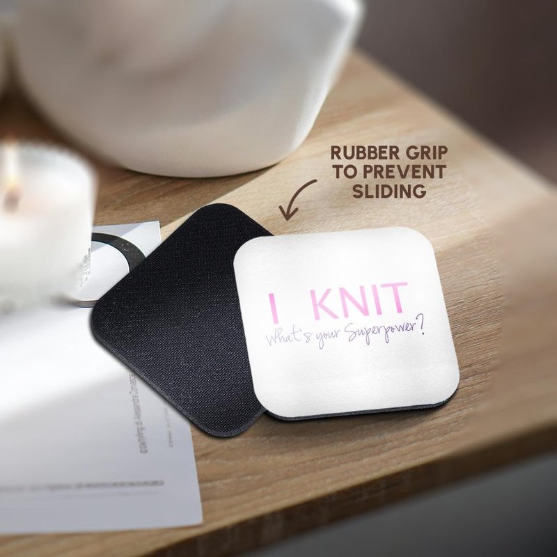 3dRose I Knit - Whats Your Superpower - Fun Gift for Knitters - Knitting Love - Soft Coasters, Set of 8 (CST_194452_2)