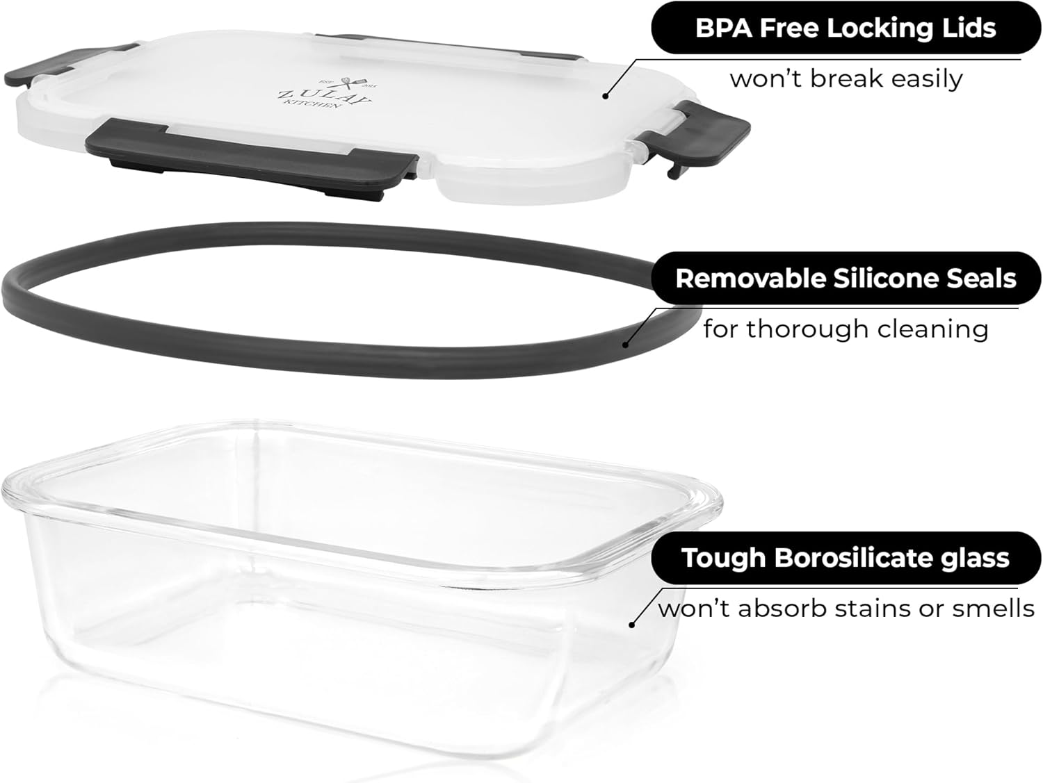 Zulay Kitchen 36oz Glass Tupperware Container Set - 5 Piece BPA-Free Borosilicate Food Storage | Leak-Proof & Oven Safe - Gray