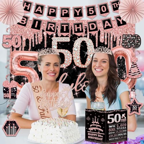 50th Birthday Decorations Kit for Women, Rose Gold Party Supplies Set