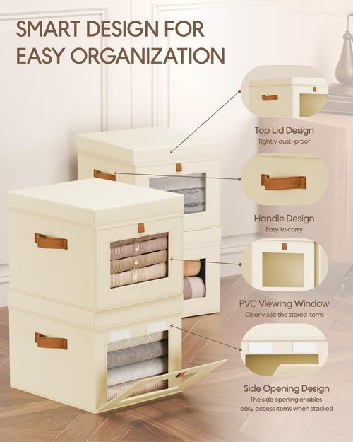 Homsorout Storage Bins - Foldable Fabric Organizer with Lid & Clear Window | 3-Pack Beige for Clothes Storage
