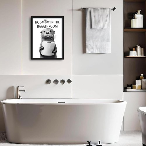 Funny Bathroom Wall Art by Framed | Cute Otter Holding Toilet Paper - Black & White Canvas - 12x16in