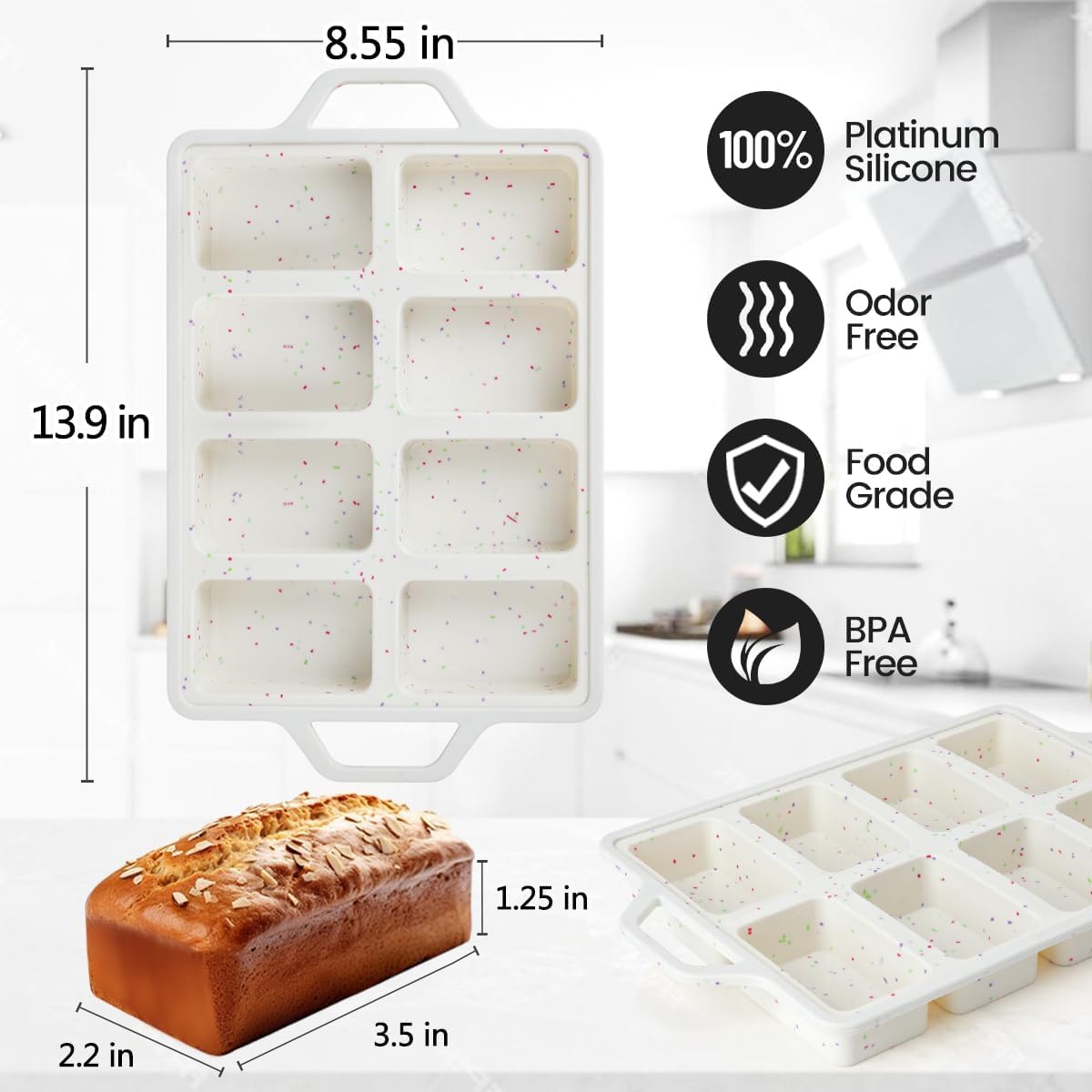 Skiennix Mini Loaf Pan - Nonstick Silicone Molds with 8 Cavities for Baking Bread & Meatloaf