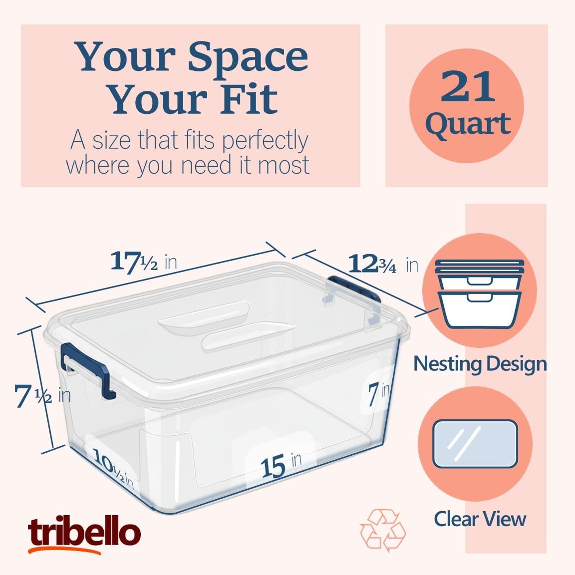 Tribello Storage Bins - Clear Stackable Plastic Containers with Lids | 21 Qt Capacity