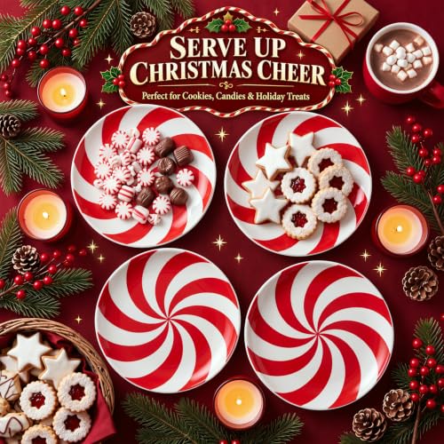 FillTouch Red & White Candy Cane Christmas Plates - 4 Pack Ceramic Serving Platters, 5.91 inches