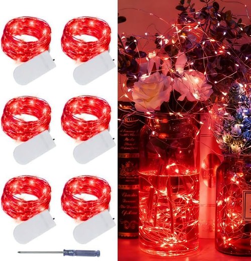 LAMPHOME 6 Pack Red Valentine's Fairy Lights - 20 LED Mini String Lights, Waterproof Silver Wire for DIY Decor