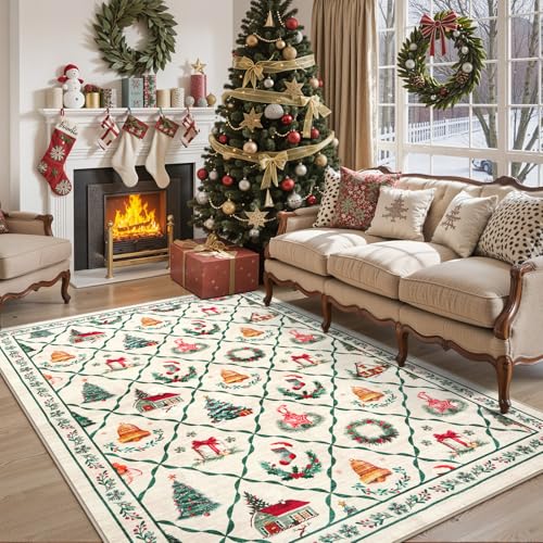 LIVEBOX 5x7 Beige Green Christmas Rug - Holiday Wreath Tree Farmhouse Decor