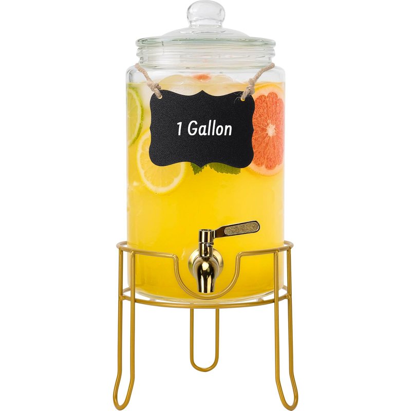 DHSBTLS 1 Gallon Glass Drink Dispensers, Round Beverage Dispenser for Party, BBQ and Picnic, Clear Airtight Juice Dispenser with Golden Stand, Stainless Steel Spigot, Markers and Chalkboard