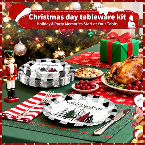 LANLISA Christmas Tree Plates Set 50 Count - 25 9" & 25 7" Black Buffalo Plaid