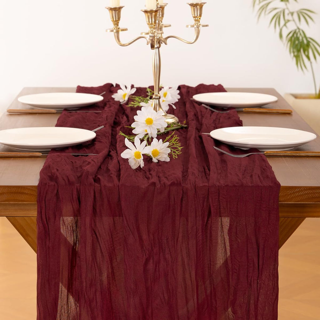 Socomi Burgundy Red Table Runner - Boho Rustic Cheesecloth 120 Inch for Weddings & Home Decor