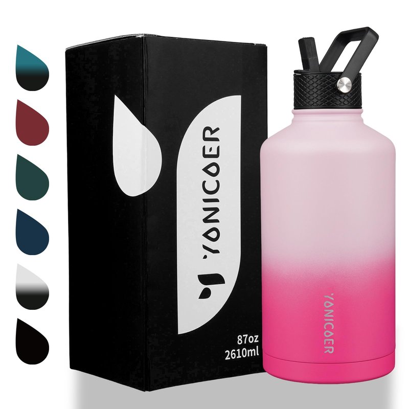 YONICOER Insulated Water Bottle 87oz,Triple Wall Vacuum Stainless Steel(Dishwasher Safe),Leak Proof & Non-BPA,Flask Jug with Paracord Handle & Straw Spout Lids Sports Black