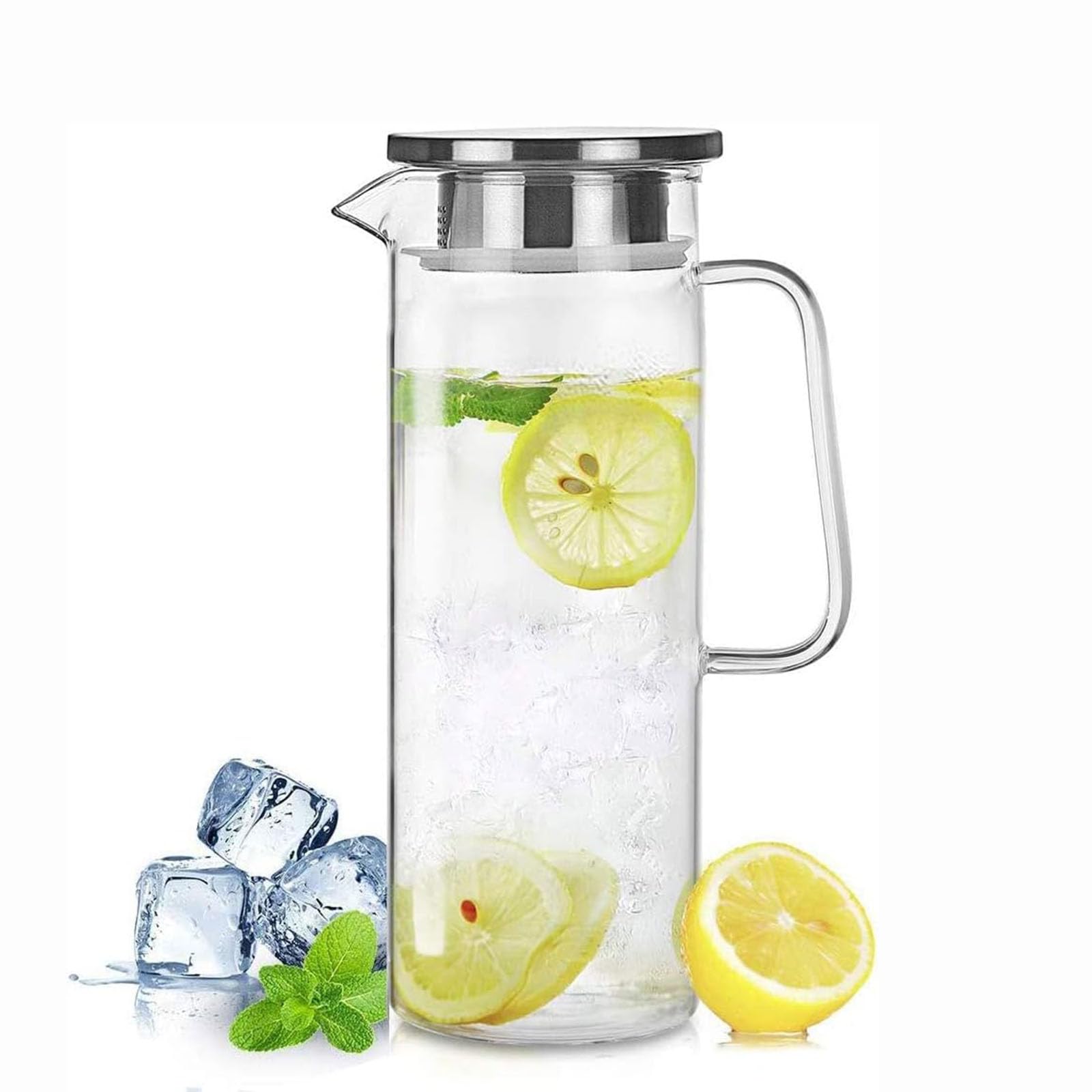 Glass Pitcher with Lid, 51Oz Heat Resistant Glass Water Carafe with Handle for Fridge, Pitcher for Iced Tea, Milk, Hot and Cold Beverage, Borosilicate Glass Juice Jug 1500ml