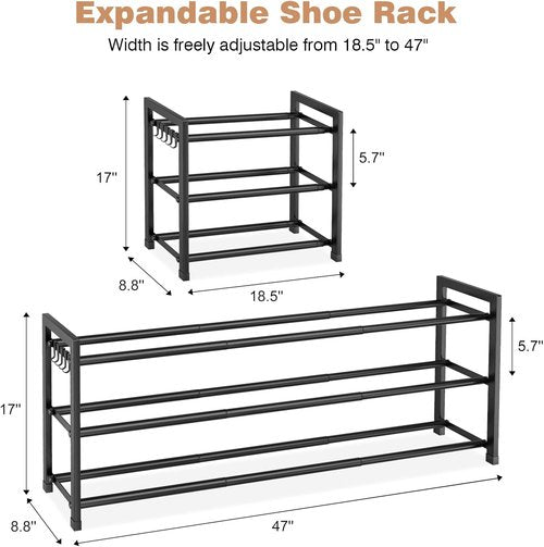 Expandable Shoe Rack by [Brand Name] - Adjustable 3-Tier Shoe Organizer for 18 Pairs | Sturdy Metal Storage in Black