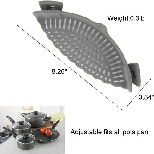 Clip On Strainer Silicone for All Pots and Pans, Pasta Strainer Clip on Food Strainer for Meat Vegetables Fruit Silicone Kitchen Colander (Grey)