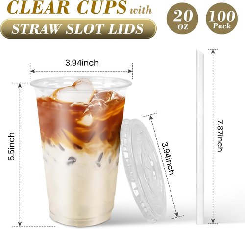 Ginkgo 20oz Clear Plastic Iced Coffee Cups - 100-Pack, Leak-Proof & Sturdy Disposable To-Go Cups for Smoothies & Beverages