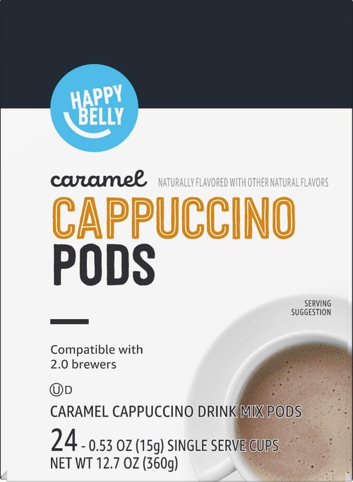 Happy Belly Cappuccino Coffee Pods - Light Roast Caramel Flavor | Compatible With K-Cup Brewers, 24 Count