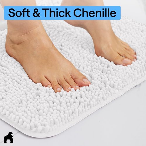 GORILLA GRIP Bath Rug Mat - Soft Absorbent Chenille | Quick Dry Microfiber, 30x20, White