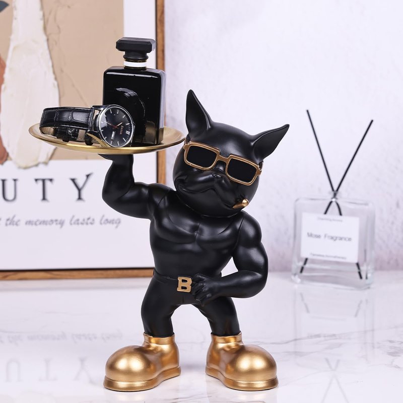 YUNSHID 13in Resin Muscle French Bulldog Statue with 2 Trays, Multi-Functional Bulldog Storage for Key Candy Jewelry, Black Dog Statue for Modern Home Decor