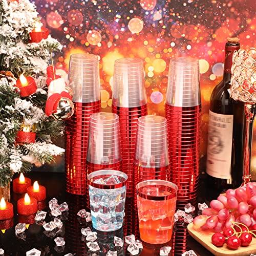 Norme 50 Pack 10 oz Clear Plastic Cups with Red Colored Rim, Disposable Drinkware