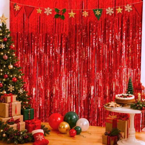 OHOME Red Valentine Backdrop Fringe Curtains, 2 Pack 3.2ft x 6.56ft for Wall/Door