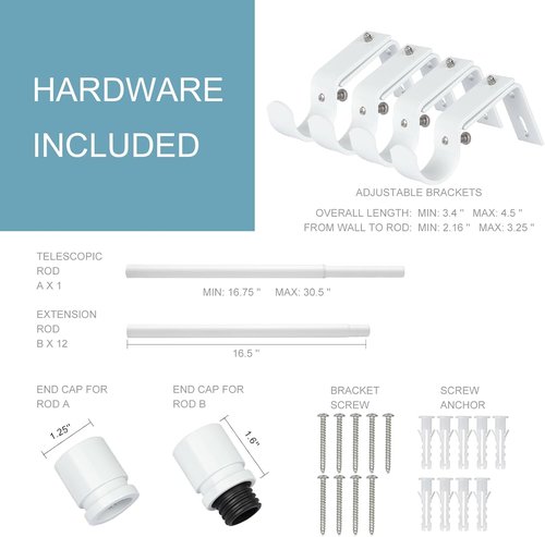 Byondeth Curtain Rods - Adjustable 16 to 200 Inches | 1 Inch Diameter with Aluminum End Caps, White