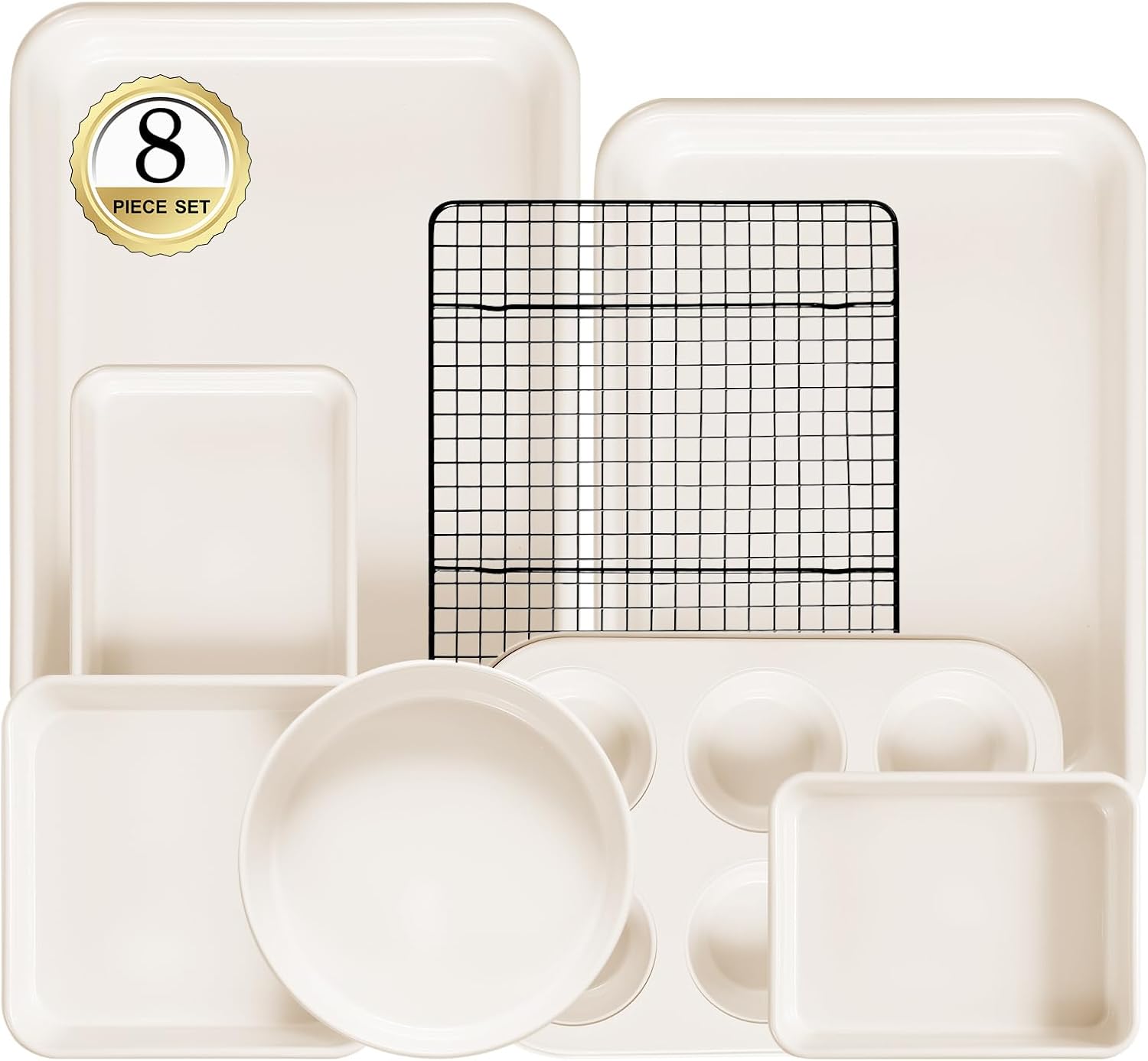 Skiennix 8-Piece Non-Stick Baking Pans Set - Stackable Carbon Steel Bakeware with Cookie Sheet, Roasting Pan, Muffin Pan & Cooling Rack