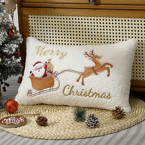 Lewondr Christmas Throw Pillow Cover, 1 PCS 12 x 20 Inch Cute Santa Claus Reindeer Sleigh Embroidery Throw Pillow Case Luxury Soft Pellet Velvet Lumbar Pillow Cover for Bed Home Decor Living Room