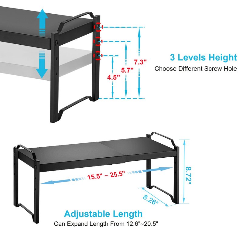 25.5 Inches 3 Pack Expandable Cabinet Shelves, Stackable Shelf Organizer For Kitchen Cabinet Countertop Storage, Adjustable Counter Cupboard Pantry Organizer Shelf Rack Stand Riser, Black