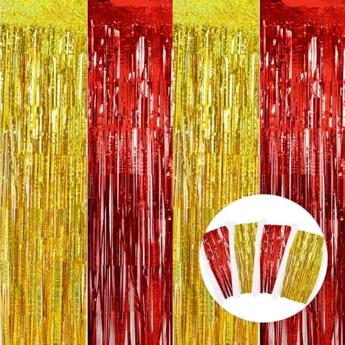 BEISHIDA 4 Pcs Red and Gold Fringe Foil Curtain Backdrop for Parties, Graduation, Weddings