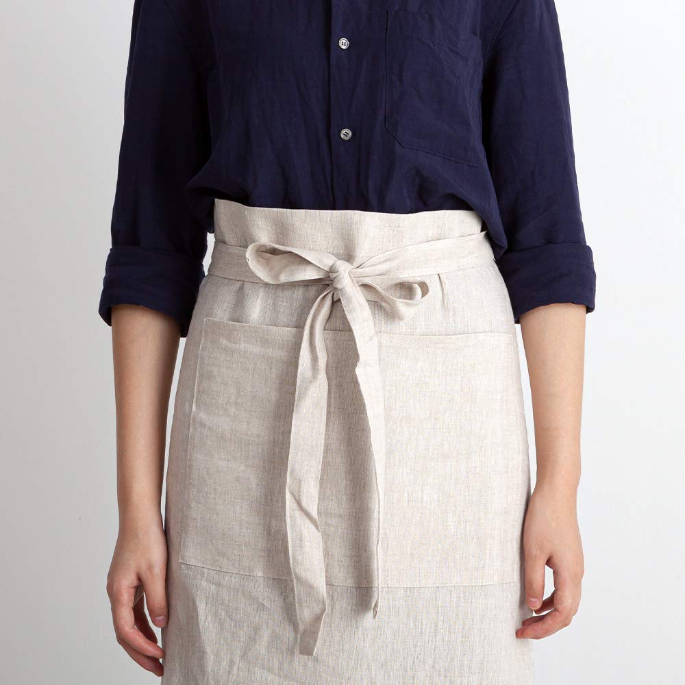 ATLINIA 100% Linen Half Apron Bistro Apron Waist Apron with Pockets Natural