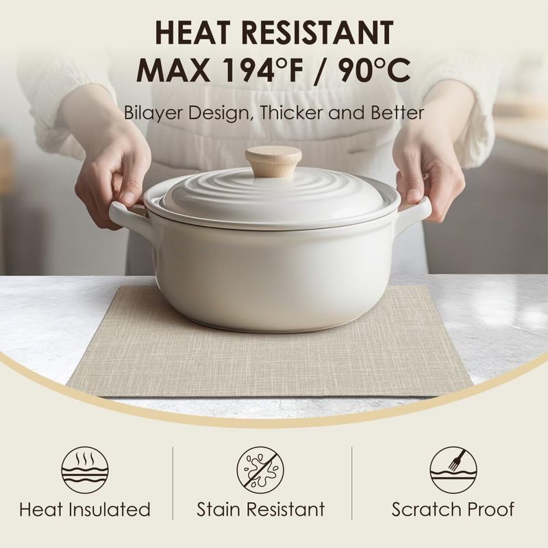 Aironment Placemats Set of 6, Bilayer Thickened Linen Place Mats Heat Resistant Machine Washable Wrinkle Free Carefully Selected Polyester Mats for Kitchen/Dining/Coffee Table (Cream Beige)