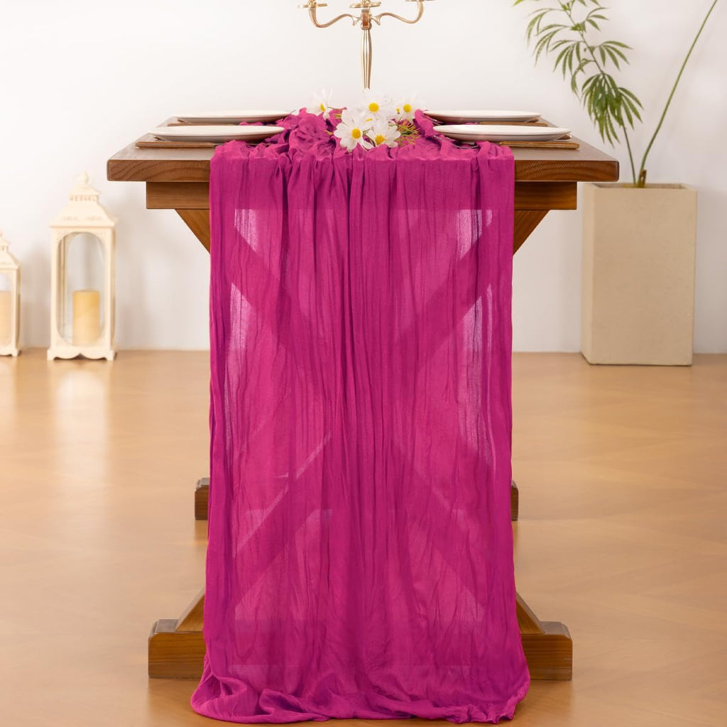 Socomi Hot Pink Cheesecloth Table Runner - 120 Inch Fuchsia Boho Rustic Decor for Weddings & Events