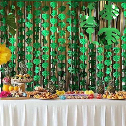 Tropical Leaf Foil Fringe Curtains (4 Pcs) - Gold & Green Luau Decor, 3.3x6.6 ft