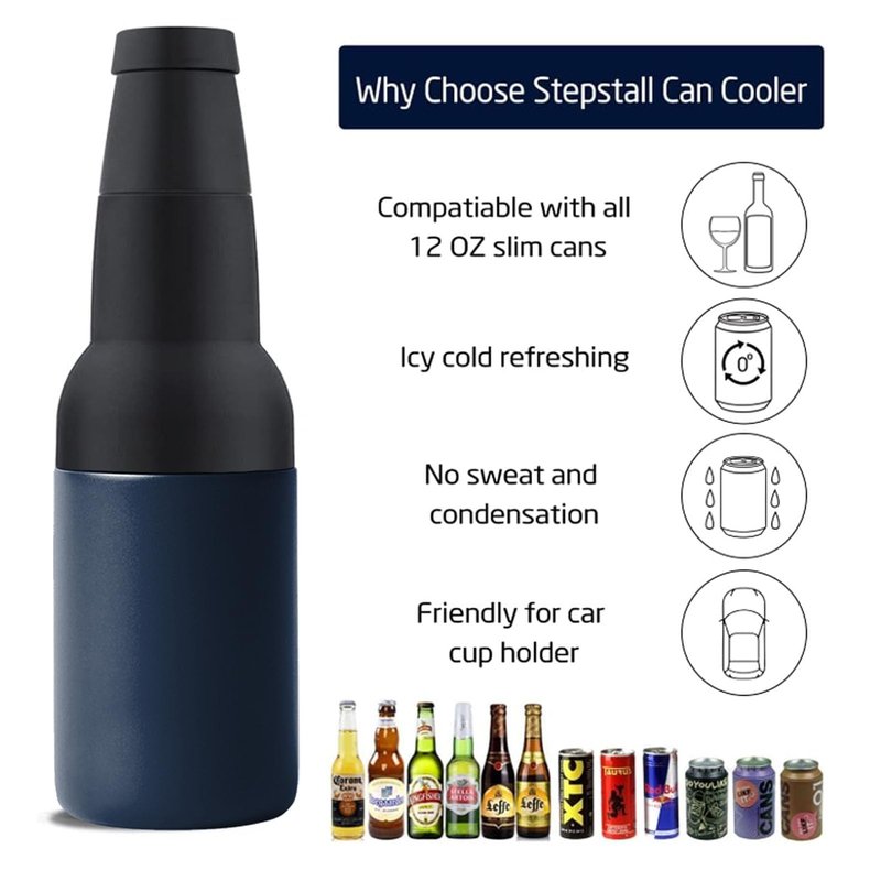Stepstall Beer Gifts for Men - Beer Bottle Cooler with Opener, 12 oz. Slim Can Insulator (Navy Blue)