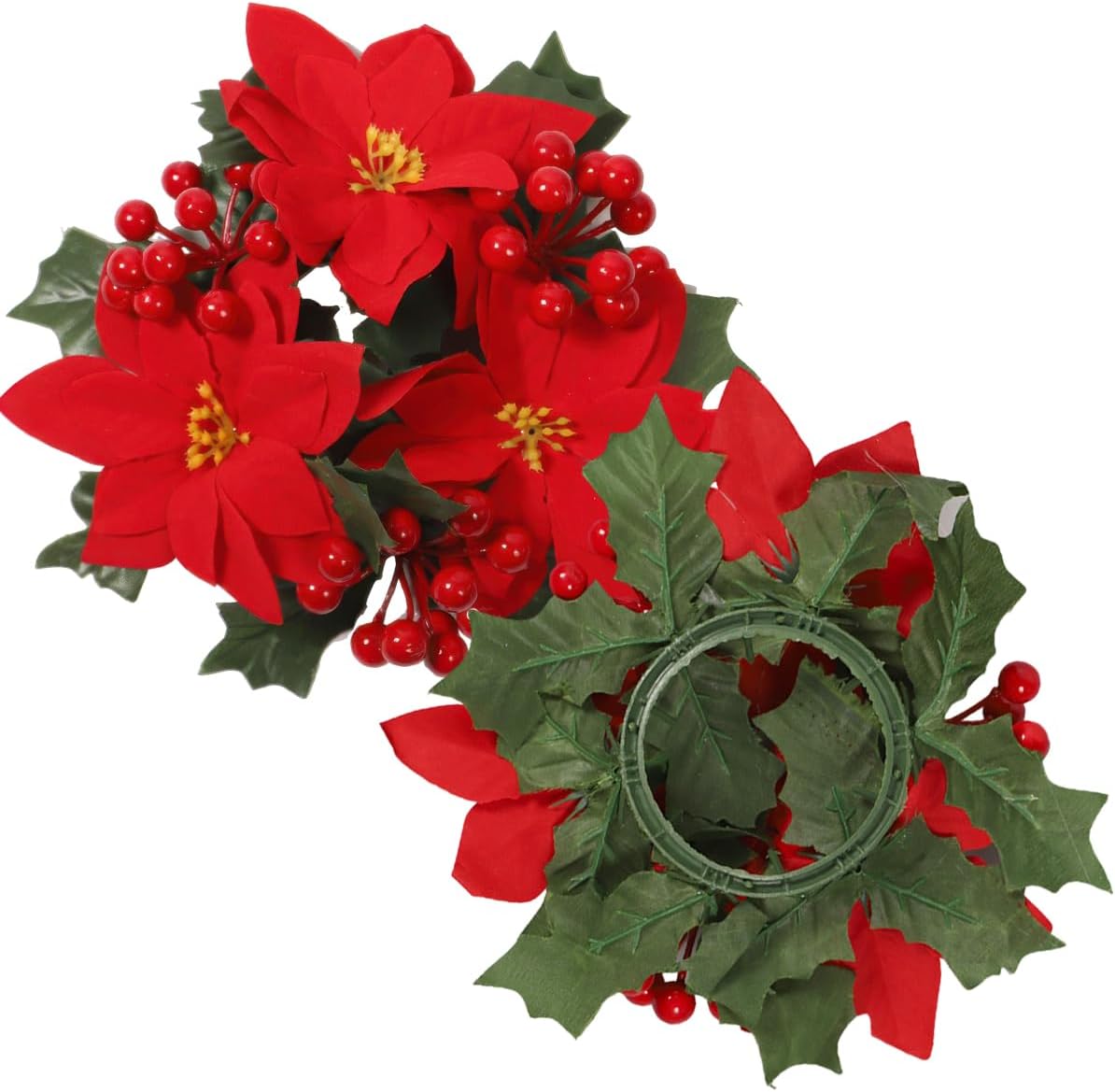 Regine Switzerland Christmas Candle Rings - Artificial Poinsettia & Red Berry Decor | Mini Table Centerpieces