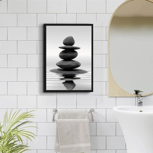 DCMVJHZV Framed Black and White Bathroom Wall Art - Zen Stones Meditation Print (12"x16") for Spa & Living Room Decor