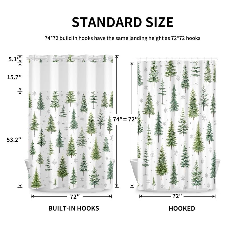 Leowefowa 71"x74" No-Hook Christmas Pine Tree Shower Curtain with Snap-In Liner, Waterproof Polyester Holiday Bath