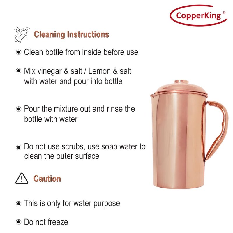 CopperKing Pure Real Copper Metal Carafe Pitcher for Drinking Water With big handle and lid, large size Jug 50oz - 1500ml With 2 Cups Tumbler Glasses Set, Best Ayurvedic Benefit Vessel (Hammered)