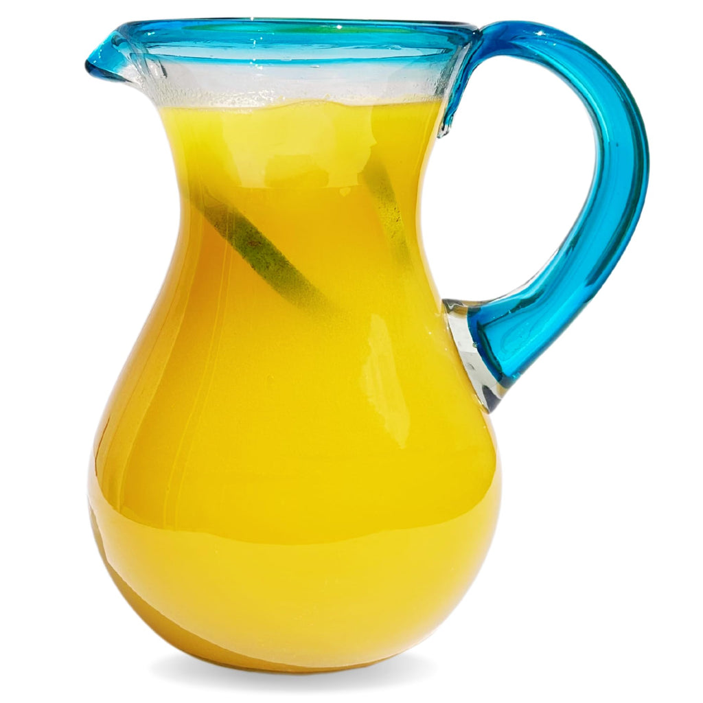 AGAVE'S GLASSWARE Glass Pitcher (84 oz) | Aqua Rim Water Pitcher | Mexican Glassware | Pitchers for Drinks | Tea Picher Juice Pitcher Lemonade Pitcher (Pera Design Aqua 84 oz)