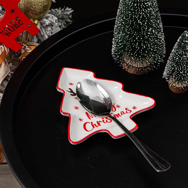 Ceramic Christmas Tree Spoon Rest - White Reindeer (1pc) by YumiPLUS - Christmas Kitchen Décor