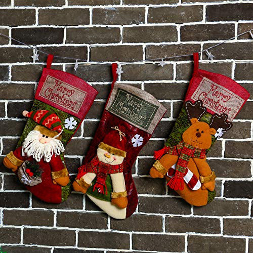 3-Pack 18-Inch Burlap Christmas Stockings Set with Santa Snowman Reindeer