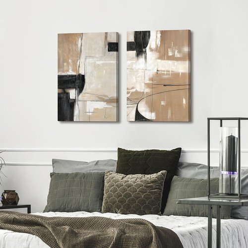 WALLSUP DECOR Abstract Geometric Shapes Illustrations Modern Abstract Painting Wall Art - 2 Piece Black And Brown canvas wall decor For Living Room Bedroom Office Hallway