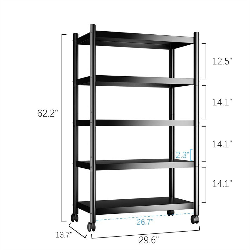 VETALLO 5 Tier Shelving Units with Wheels (29.6" L x 13.7" W x 62.2" H)