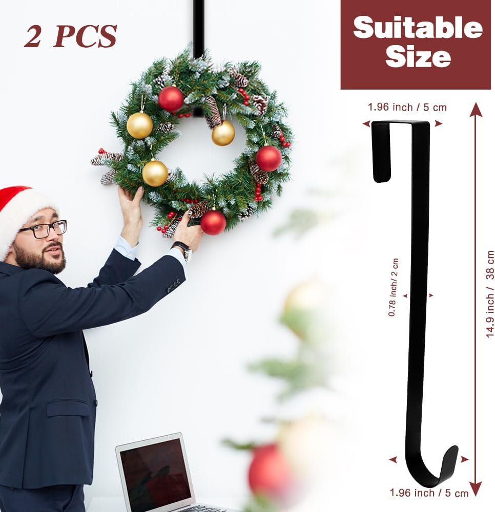 Skiennix Wreath Hangers - 15 Inch Black Metal Over The Door Hooks | 2 Pack for Seasonal Decor