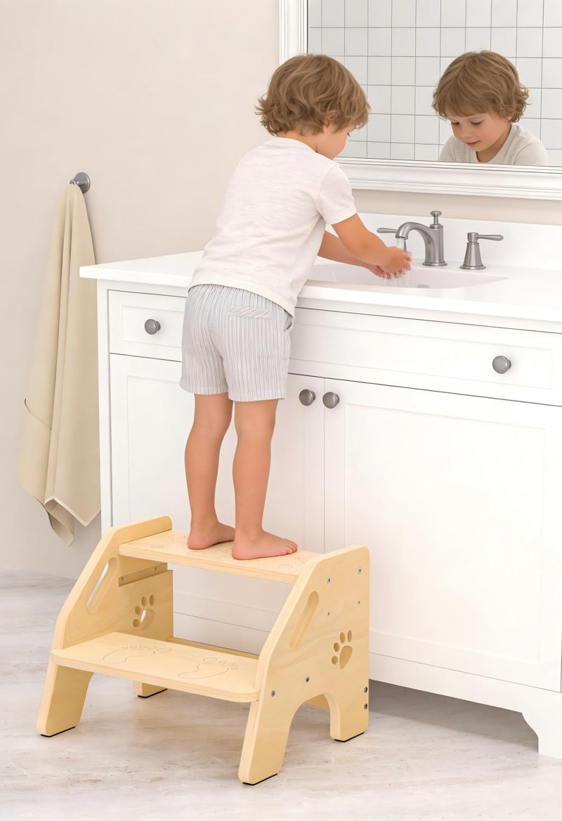 Toddler Step Stool Wooden 2 Step - Non-Slip Kids Stool for Bathroom Sink with Adjustable Height and Cute Pattern - 300lbs Support Stepping Stool for Bathroom Kitchen Children’s Room